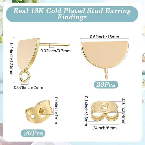 Beebeecraft 1 صندوق 20 قطعة نتائج القرط مع حلقة 18K مطلية بالذهب النحاس نصف دائري القرط المشاركات لمجموعات مستلزمات صناعة المجوهرات in Kuwait