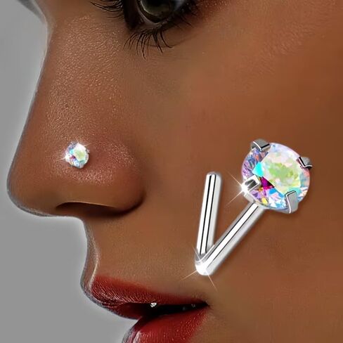 3PSC 925 sterling silver Nose Rings Studs For Women and Men ,20G AB Color/White L Shaped Nose Studs 4mm CZ Nose Studs, Colorful Cubic Zirconia Round /Star / Nose Rings Nostril Nose Piercing Body Piercing Jewelry in Saudi Arabia