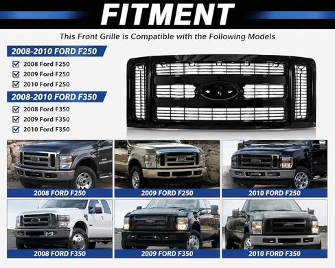 Front Grille Compatible with 2008-2010 Ford F250 F350 Super Duty, Glossy Black Front Grill Replacement, OEM Fit, Aggressive Truck Styling, Easy Installation, ABS Plastic in Saudi Arabia