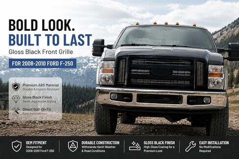 Front Grille Compatible with 2008-2010 Ford F250 F350 Super Duty, Glossy Black Front Grill Replacement, OEM Fit, Aggressive Truck Styling, Easy Installation, ABS Plastic in Saudi Arabia