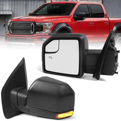 مرآة باب تعمل بالطاقة على الجانب الأيسر للسائق لسيارة Ford F150 2015-2020 مع زجاج ساخن، ضوء إشارة الانعطاف وزجاج منشوري، استبدال مباشر أسود مزخرف (8 دبابيس) in Kuwait