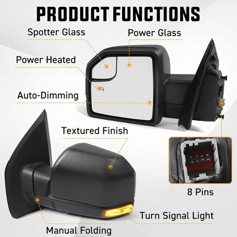 مرآة باب تعمل بالطاقة على الجانب الأيسر للسائق لسيارة Ford F150 2015-2020 مع زجاج ساخن، ضوء إشارة الانعطاف وزجاج منشوري، استبدال مباشر أسود مزخرف (8 دبابيس) in Kuwait