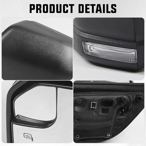 مرآة باب تعمل بالطاقة على الجانب الأيسر للسائق لسيارة Ford F150 2015-2020 مع زجاج ساخن، ضوء إشارة الانعطاف وزجاج منشوري، استبدال مباشر أسود مزخرف (8 دبابيس) in Kuwait