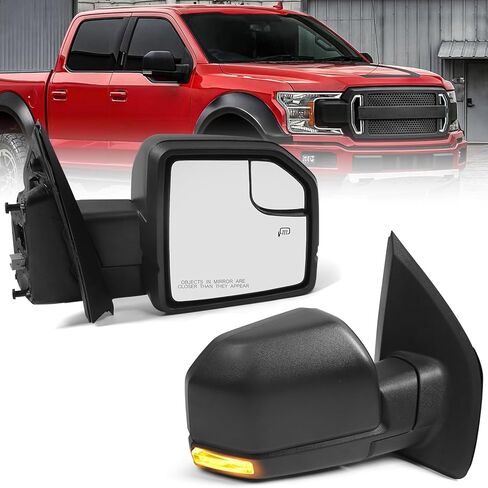 مرآة باب تعمل بالطاقة على الجانب الأيسر للسائق لسيارة Ford F150 2015-2020 مع زجاج ساخن، ضوء إشارة الانعطاف وزجاج منشوري، استبدال مباشر أسود مزخرف (8 دبابيس) in Kuwait