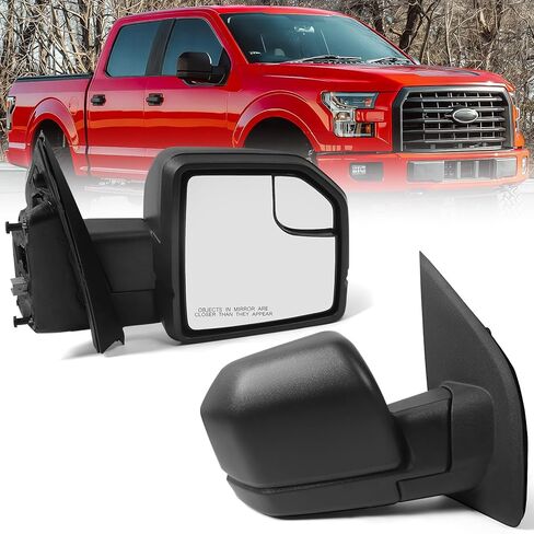 مرآة باب تعمل بالطاقة على الجانب الأيسر للسائق لسيارة Ford F150 2015-2020 مع زجاج ساخن، ضوء إشارة الانعطاف وزجاج منشوري، استبدال مباشر أسود مزخرف (8 دبابيس) in Kuwait