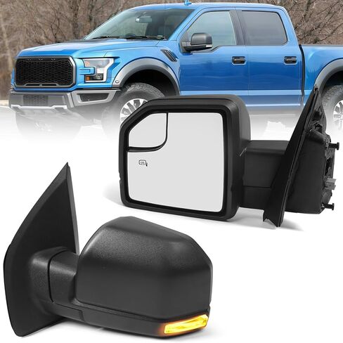 مرآة باب تعمل بالطاقة على الجانب الأيسر للسائق لسيارة Ford F150 2015-2020 مع زجاج ساخن، ضوء إشارة الانعطاف وزجاج منشوري، استبدال مباشر أسود مزخرف (8 دبابيس) in Kuwait