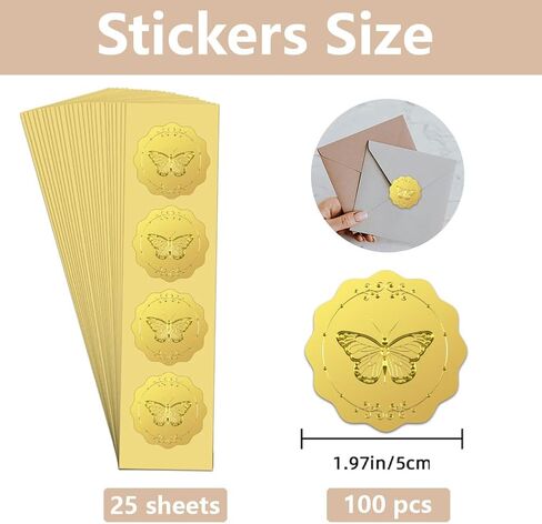 WADORN 100Pcs Butterfly Gold Foil Sticker, Round Gold Butterfly Envelope Sticker Self Adhesive Gold Foil Embossed Seal for Envelopes Invitation Card Diploma Award Graduation Celebration in Saudi Arabia