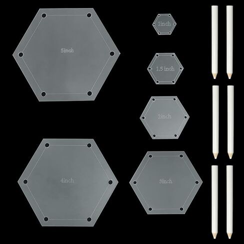 6Pcs Hexagon Quilting Templates with 6 Tailors Chalk Pencil,Acrylic Patchwork Rulers from 1 to 5 Inch Seam Allowance for Cutting Patterns,DIY Sewing Crafts in Saudi Arabia