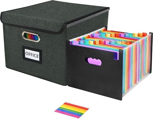 File Organizer Box with 25-Pocket Accordion Folder, File Folder & Protective Lid - Document Storage for Home, Office, School, Dark Grey in Saudi Arabia