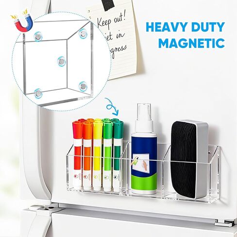 Magnetic Dry Erase Marker Holder with 3 Compartments, Clear Acrylic Whiteboard Pen Holder for Refrigerator, Heavy Duty Magnetic Pencil Cup for Locker, Classroom and Office Organization (Clear) in Saudi Arabia
