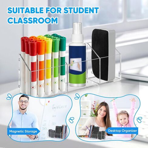 Magnetic Dry Erase Marker Holder with 3 Compartments, Clear Acrylic Whiteboard Pen Holder for Refrigerator, Heavy Duty Magnetic Pencil Cup for Locker, Classroom and Office Organization (Clear) in Saudi Arabia