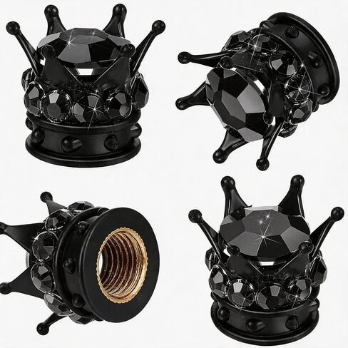 4-Piece Crown Tire Valve Cap Set, Shimmering Handcrafted Crystal Rhinestone Universal Chrome-Plated Crown Car Tire Caps, Fashion Accessories for Car (Black) in Saudi Arabia