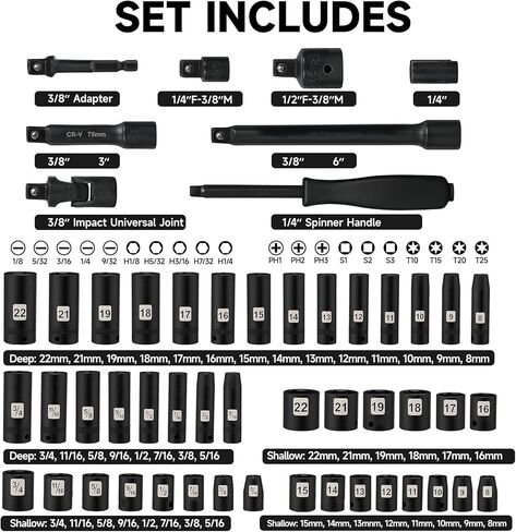 STEELITE 72 PCS 3/8" Impact Socket Bit Set 6 Point, CRV SAE and Metric Sizes (5/16 to 3/4-Inch & 8-22 mm), 2 Extension Rods, 1/4" & 1/2" Adapter, Universal Joint, Screwdriver Handle with 20 Bits in Saudi Arabia