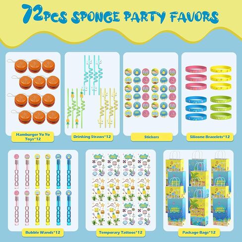 72Pcs Sponge Party Favors, Summer Sea Sponge goodie bags Birthday Decorations including Hamburger Yo Yo Toys Drinking Straws Tattoos Classroom Rewards Pinata Fillers & Gift Bags for Kids in Saudi Arabia