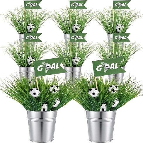 8 Set 162 Pcs Soccer Party Table Decorations Sport Themed Party Centerpieces 8 Metal Bucket 24 Mini Soccer 120 Artificial Grass 8 Flags and 2 Flower Mud for Sport Birthday Decor in Saudi Arabia