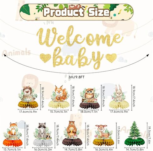 10-Piece Woodland Baby Shower Honeycomb Centerpieces with Welcome Baby Banner – Forest Animals Table Decorations for Baby Shower, Gender Reveal, Birthday Parties, and Rustic Woodland Theme Decor in Saudi Arabia