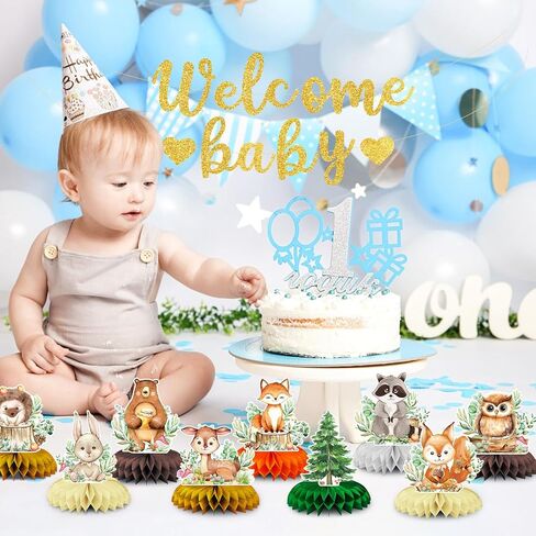 10-Piece Woodland Baby Shower Honeycomb Centerpieces with Welcome Baby Banner – Forest Animals Table Decorations for Baby Shower, Gender Reveal, Birthday Parties, and Rustic Woodland Theme Decor in Saudi Arabia