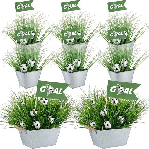 8 Set 162 Pcs Soccer Party Table Decorations Sport Themed Party Centerpieces 8 Metal Bucket 24 Mini Soccer 120 Artificial Grass 8 Flags and 2 Flower Mud for Sport Birthday Decor in Saudi Arabia