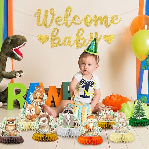 10-Piece Woodland Baby Shower Honeycomb Centerpieces with Welcome Baby Banner – Forest Animals Table Decorations for Baby Shower, Gender Reveal, Birthday Parties, and Rustic Woodland Theme Decor in Saudi Arabia