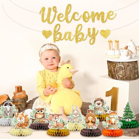 10-Piece Woodland Baby Shower Honeycomb Centerpieces with Welcome Baby Banner – Forest Animals Table Decorations for Baby Shower, Gender Reveal, Birthday Parties, and Rustic Woodland Theme Decor in Saudi Arabia