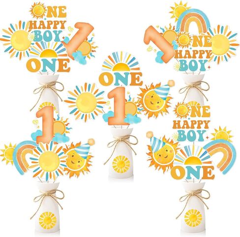 24 قطعة من Cheereveal بوهو صن تحت عنوان عيد الميلاد الأول للعصي للصبي، قطعة واحدة من أغطية الطاولة Happy Boy Sunshine، لوازم تزيين حفلات استقبال المولود الجديد بطابع قوس قزح Sunshine Hippie in Kuwait