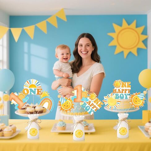 24 قطعة من Cheereveal بوهو صن تحت عنوان عيد الميلاد الأول للعصي للصبي، قطعة واحدة من أغطية الطاولة Happy Boy Sunshine، لوازم تزيين حفلات استقبال المولود الجديد بطابع قوس قزح Sunshine Hippie in Kuwait