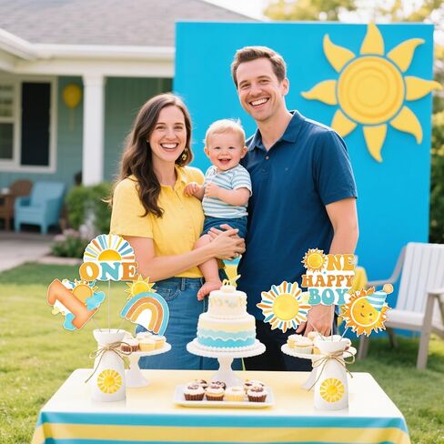 24 قطعة من Cheereveal بوهو صن تحت عنوان عيد الميلاد الأول للعصي للصبي، قطعة واحدة من أغطية الطاولة Happy Boy Sunshine، لوازم تزيين حفلات استقبال المولود الجديد بطابع قوس قزح Sunshine Hippie in Kuwait