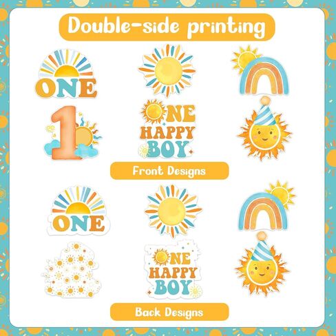 24 قطعة من Cheereveal بوهو صن تحت عنوان عيد الميلاد الأول للعصي للصبي، قطعة واحدة من أغطية الطاولة Happy Boy Sunshine، لوازم تزيين حفلات استقبال المولود الجديد بطابع قوس قزح Sunshine Hippie in Kuwait