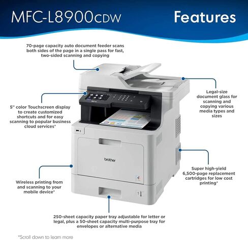 طابعة ليزر Brother Color MFC-L8900CDW لاسلكية الكل في واحد، بيضاء - طباعة نسخة ومسح فاكس - 33 صفحة في الدقيقة، 2400 × 600 نقطة في البوصة، شاشة لمس LED 5 بوصة، طباعة تلقائية على الوجهين، 70 ورقة ADF، NFC، إيثرنت in Kuwait