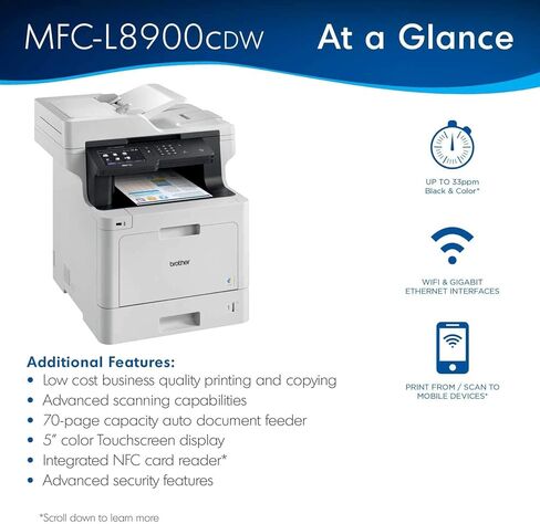 طابعة ليزر Brother Color MFC-L8900CDW لاسلكية الكل في واحد، بيضاء - طباعة نسخة ومسح فاكس - 33 صفحة في الدقيقة، 2400 × 600 نقطة في البوصة، شاشة لمس LED 5 بوصة، طباعة تلقائية على الوجهين، 70 ورقة ADF، NFC، إيثرنت in Kuwait