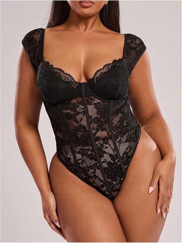 Floerns Women's Plus Size Floral Lace Bodysuit Cap Sleeve Sweetheart Neck Bustier Corset Body Suit in Saudi Arabia