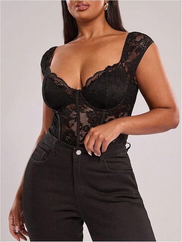 Floerns Women's Plus Size Floral Lace Bodysuit Cap Sleeve Sweetheart Neck Bustier Corset Body Suit in Saudi Arabia