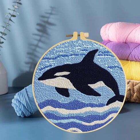 مجموعة إبرة لكمة Orcas Killer Whale and Sea DIY مجموعة التطريز للمبتدئين مع طوق سهل للمبتدئين وتخفيف التوتر والهوايات اليدوية وديكور المنزل 20 × 20 سم -2 in Kuwait