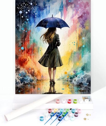 Sceorixa Girl Paint by Numbers Kit for Adults - DIY Girl with Umbrella in Colorful Rain Painting On Canvas 16X20In, Acrylic Paint Set, Suitable for Beginners, Wall Art for Home Or Gifts, Unframed in Saudi Arabia