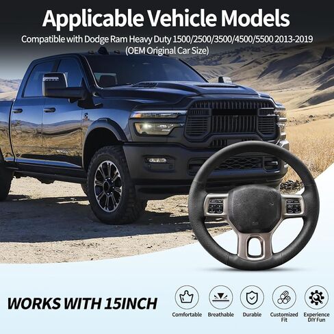 Nappa Leather Finish DIY Hand Sewn Steering Wheel Cover for Dodge Ram Heavy Duty 1500/2500/3500/4500/5500 2013-2019 Accessories, Stitch on Full Wrap Steering Wheel Protector with Needle Thread in Kuwait