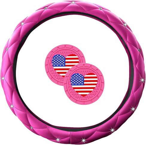 Pink Steering Wheel Cover with Rhinestone Pink Car Accessories for Women fit Universal 14.5-15 Inch. (H-FXPT-2) in Saudi Arabia