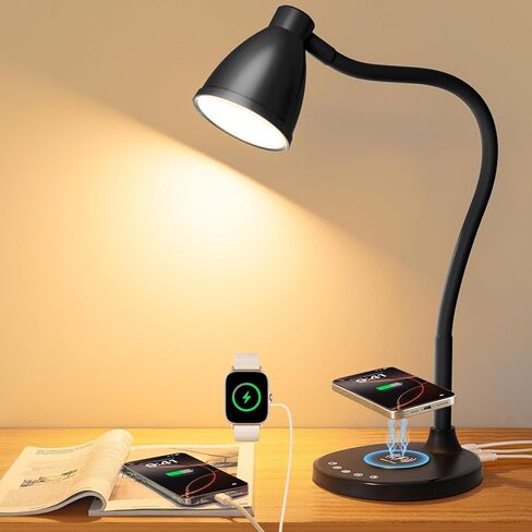 BOHON Desk Lamp for Home Office, LED Desk Light with USB C+A Charging Ports, Wireless Charger, 5 Colors Stepless Dimming Reading Light Timer, Touch Bedside Table Lamp for College Dorm Room Black in Saudi Arabia