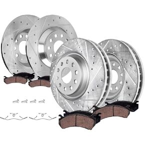 محور ديترويت - طقم فرامل 8 قطع لـ 19-25 VW Jetta 18-24 Tiguan 22-25 Audi Q3، دوارات فرامل قرصية محفورة ومشقوقة وسادات فرامل سيراميك مع استبدال الأجهزة: دوار أمامي 13.39 بوصة ودوار خلفي 11.81 بوصة in Kuwait