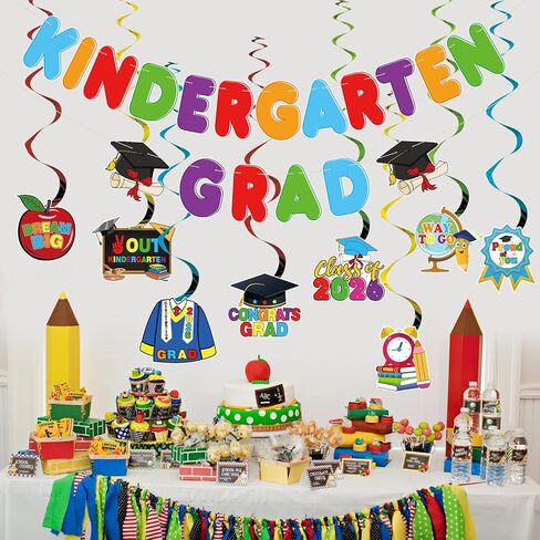 Kindergarten Graduation Decorations Banner Hanging Swirls 2026 Pre-Assembled Kindergarten Grad Hanging Banners Garlands Swirls Graduation Party Decorations for Mantle,Porch,Classroom in Kuwait