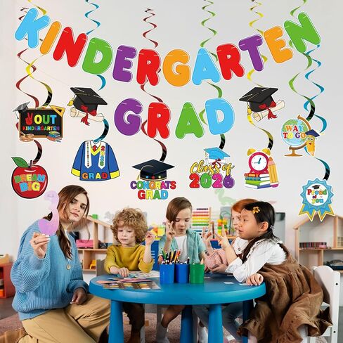 Kindergarten Graduation Decorations Banner Hanging Swirls 2026 Pre-Assembled Kindergarten Grad Hanging Banners Garlands Swirls Graduation Party Decorations for Mantle,Porch,Classroom in Kuwait