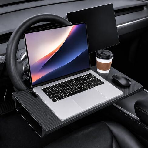 2-in-1 Steering Wheel Tray for Laptop & Eating, Carbon Fiber Finish Adjustable Car Tray with Storage Box & Rotating Hook, Universal Car Desk for Working, Travel, Road Trip Essentials in Saudi Arabia