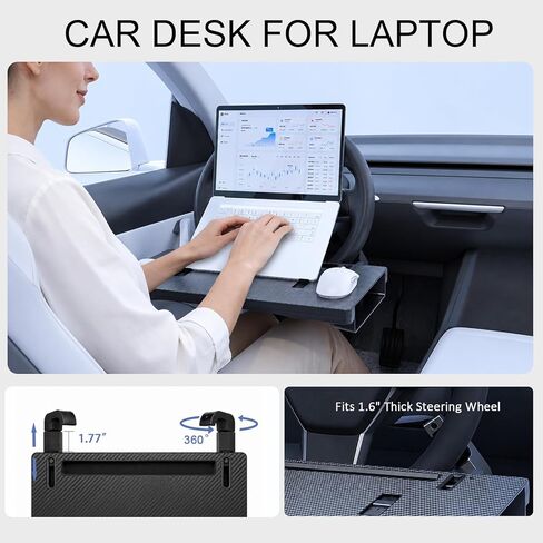 2-in-1 Steering Wheel Tray for Laptop & Eating, Carbon Fiber Finish Adjustable Car Tray with Storage Box & Rotating Hook, Universal Car Desk for Working, Travel, Road Trip Essentials in Saudi Arabia