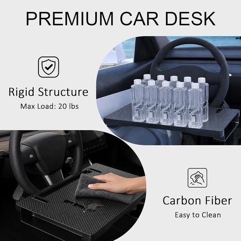 2-in-1 Steering Wheel Tray for Laptop & Eating, Carbon Fiber Finish Adjustable Car Tray with Storage Box & Rotating Hook, Universal Car Desk for Working, Travel, Road Trip Essentials in Saudi Arabia