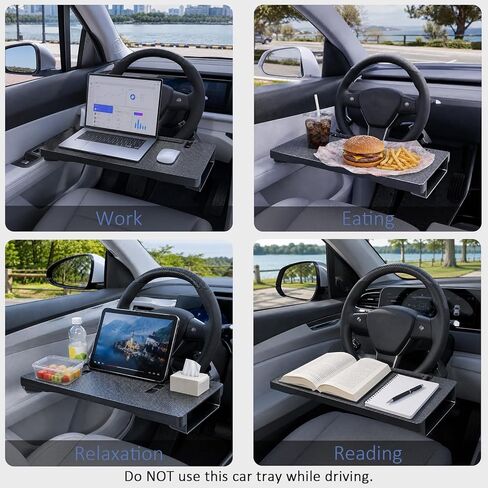 2-in-1 Steering Wheel Tray for Laptop & Eating, Carbon Fiber Finish Adjustable Car Tray with Storage Box & Rotating Hook, Universal Car Desk for Working, Travel, Road Trip Essentials in Saudi Arabia