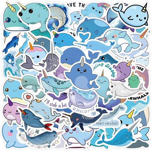60PCS Cute Narwhal Stickers for Kids Teens Adults, Cartoon Animal Sticker for Water Bottles Laptop Skateboard Phone, Vinyl Waterproof Kawaii Animals Decals Kids Gifts in Saudi Arabia