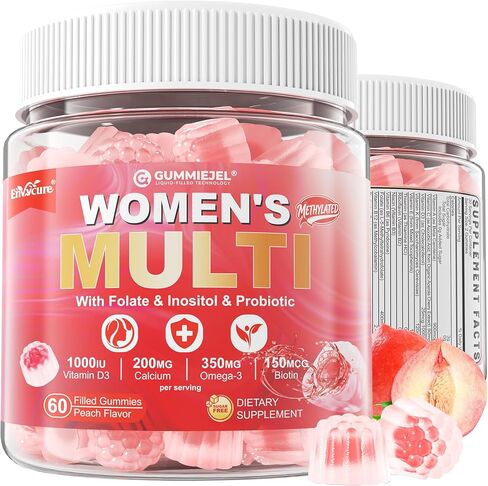 Sugar-Free Womens Multivitamin Gummies, Methylated Multivitamin for Women/w Omega-3, Calcium, Enzymes & Probiotic, Vitamin A, C, D3, Folate, Biotin, Inositol - Skin, Hair Growth, Immune, Bone - Vegan in Saudi Arabia