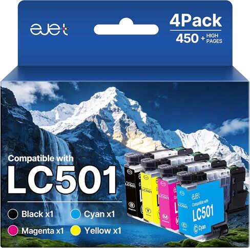 خراطيش حبر ejet LC501 LC501XL لخراطيش حبر Brother MFC-J1360DW المتوافقة مع خراطيش حبر LC501 لطابعة Brother MFC-J1360DW MFC-J1410DW MFC-J1260DW 4 عبوات، أسود سماوي أرجواني أصفر in Kuwait