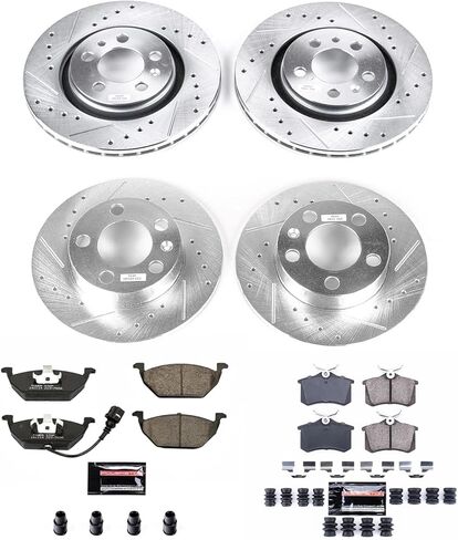طقم فرامل أمامية وخلفية PowerStop لسيارة Volkswagen Beetle 1999-06 |Golf 1999-06 |Jetta 1999-05 - دوارات قرصية محفورة ومشقوقة مع استبدال وسادات الفرامل المصنوعة من السيراميك من ألياف الكربون، K840 in Kuwait