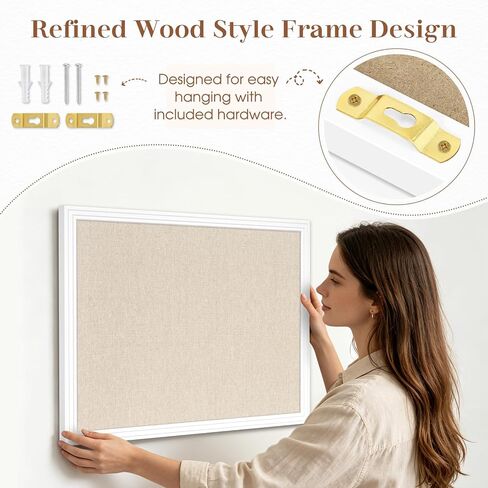 DOLLAR BOSS Linen Bulletin Board 24" x 18", Decorative Cork Boards for Walls with White Wood Frame, Premium Fabric Pin Board for Office, Home & School Room Decor, White in Kuwait
