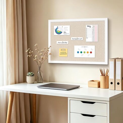 DOLLAR BOSS Linen Bulletin Board 24" x 18", Decorative Cork Boards for Walls with White Wood Frame, Premium Fabric Pin Board for Office, Home & School Room Decor, White in Kuwait